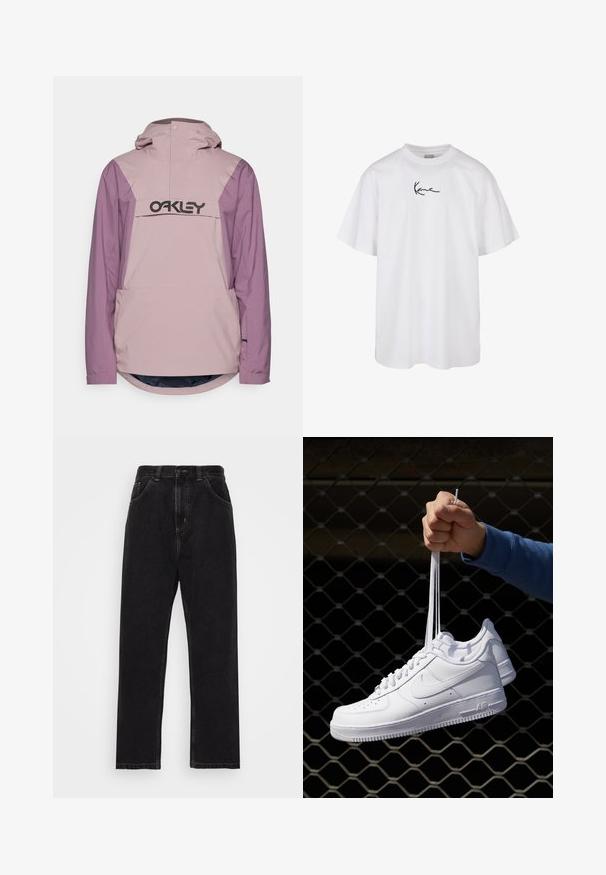 Lyserød og lilla vandtæt jakke med en frontlomme og hætte; har et stort sort logo på brystet og en rundet kant.; Hvid bomuld t-shirt med rund hals og korte ærmer, med et sort broderet logo centreret på brystet.; Sorte denim jeans med lige ben-design, der har fem lommer, en knap- og lynlåslukning samt kontrasterende gul syninger.; Hvide lædersneakers med perforeringer, rund tå, flad sål og tykke snørebånd, med et synligt swoosh-logo og "AIR" på hælen.