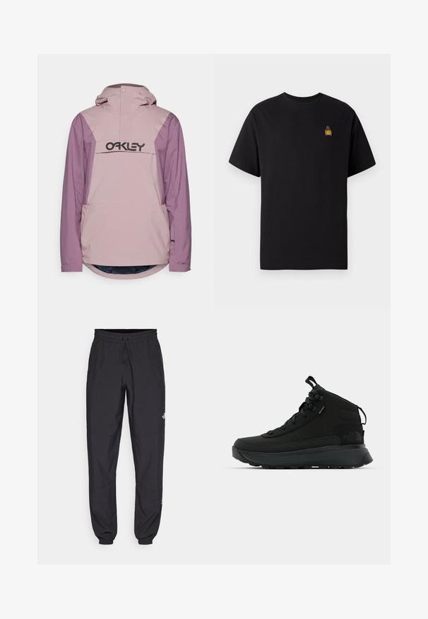 Chaqueta impermeable de color rosa claro y púrpura con un bolsillo delantero y capucha; presenta un gran logo negro en el pecho y un dobladillo redondeado.; Camiseta de algodón negra con mangas cortas, escote redondo y un pequeño diseño bordado amarillo en la parte izquierda del pecho.; Pantalones deportivos negros hechos de un tejido ligero, con una cinturilla ajustable, bolsillos laterales y puños ajustados en los tobillos.; Botas de senderismo negras de corte medio con parte superior de tejido texturizado, puntera reforzada, sistema de cordones seguro y suela acolchada para mayor tracción.