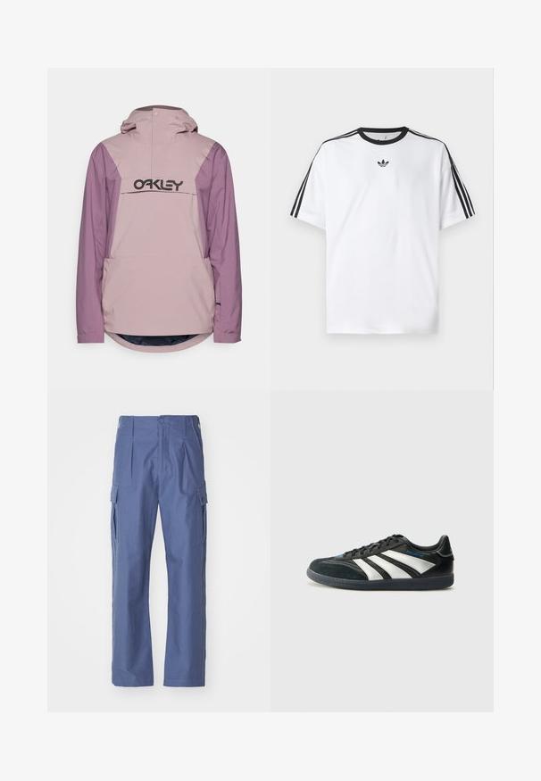 Light pink and purple waterproof jacket with a front pocket and hood; features a large black logo on the chest and a rounded hem.; White T-shirt made of cotton, featuring a black round neckline and three black stripes on each shoulder. Small black logo on the chest.; Blue cargo pants made of textured fabric, featuring side pockets, a button closure, and a straight leg design.; adidas Performance PREDATOR FREESTYLE JUDE INDOOR FOOTBALL SHOES - Indoor football boots - core black/silver-coloured/glory blue