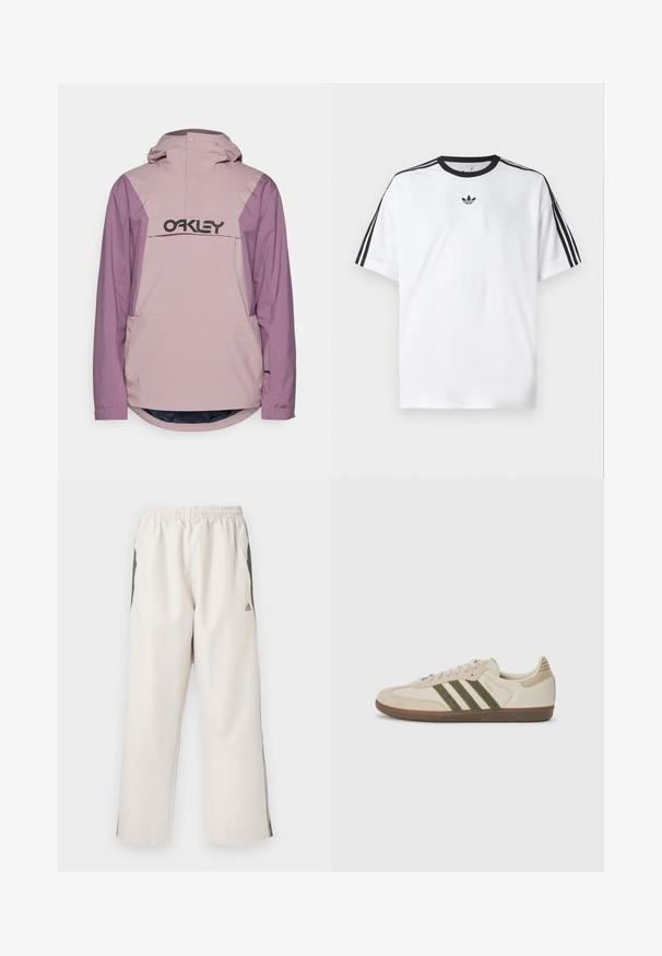 Vaaleanpunainen ja lilakaan vedenkestävä takki, jossa on etutasku ja huppu; takissa on suuri musta logo rinnassa ja pyöristetty helma.; Valkoinen t-paita, joka on valmistettu puuvillasta, mustalla pyöreällä kaula-aukolla ja kolmella mustalla raidalla jokaisella olkapäällä. Pieni musta logo rinnassa.; Vaaleanbeiget urheiluhousut, joissa on joustava vyötärö, sivutaskut, mustat sivuraidat ja Adidas-logo vasemmassa reidessä. Tasainen kangas.; adidas Originals SAMBA OG UNISEX - Matalavartiset tennarit - alumina/medium dark khaki/gum