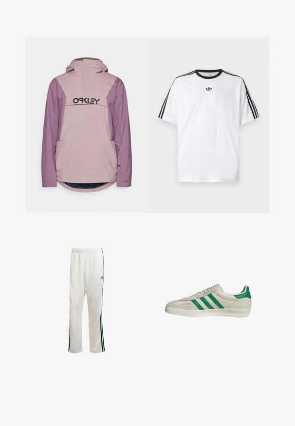 Giacca impermeabile rosa chiaro e viola con tasca frontale e cappuccio; presenta un grande logo nero sul petto e un orlo arrotondato.; Maglietta bianca in cotone, con scollatura rotonda nera e tre strisce nere su ciascuna spalla. Piccolo logo nero sul petto.; Pantaloni da ginnastica bianchi con strisce verdi sui lati, cintura elastica e un logo sulla parte superiore sinistra. Realizzati in tessuto leggero.; Sneaker beige con strisce verdi, con suola bianca e tomaia in pelle liscia. Vista laterale che evidenzia i dettagli dei lacci e il logo.