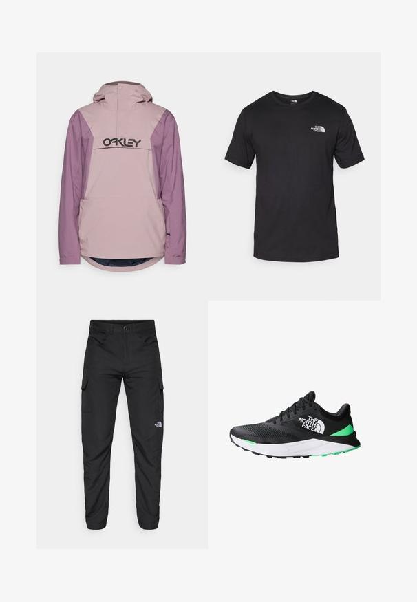Helles pinkfarbendes und lila wasserdichtes Jacke mit einer Vordertasche und Kapuze; verfügt über ein großes schwarzes Logo auf der Brust und einen abgerundeten Saum.; Schwarzes T-Shirt mit kurzen Ärmeln aus Baumwolle, mit einem runden Ausschnitt und einem kleinen weißen Logo auf der oberen linken Brust.; The North Face HORIZON PANT - Outdoor-Hose - black; Schwarzer Sportschuh mit einem Mesh-Obermaterial, weißer Zwischensohle, grünen Akzenten und einer strukturierten Gummisohle. Mit Markenlogo an der Seite.