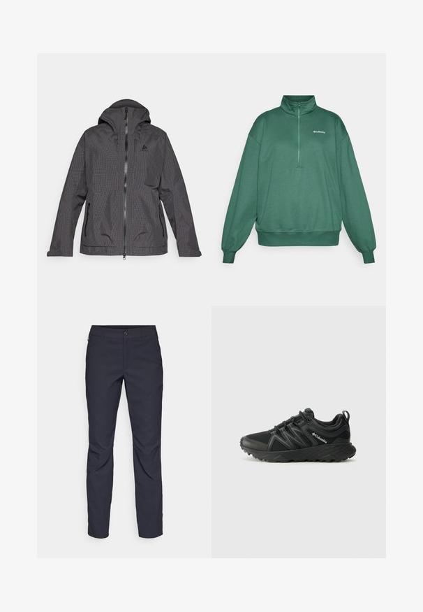 Chaqueta a cuadros en negro y gris con capucha, cremallera frontal y dos bolsillos laterales. El tejido parece suave y tiene un diseño ligero.; Sudadera verde de media cremallera hecha de material suave, con cuello alto y puños elásticos. Logo de Columbia en la parte superior izquierda del pecho.; Pantalones azul marino de tela suave, que presentan un cierre delantero con botón, un diseño ajustado y detalles con pliegues en las rodillas.; Columbia PEAKFREAK - Zapatillas de senderismo - black