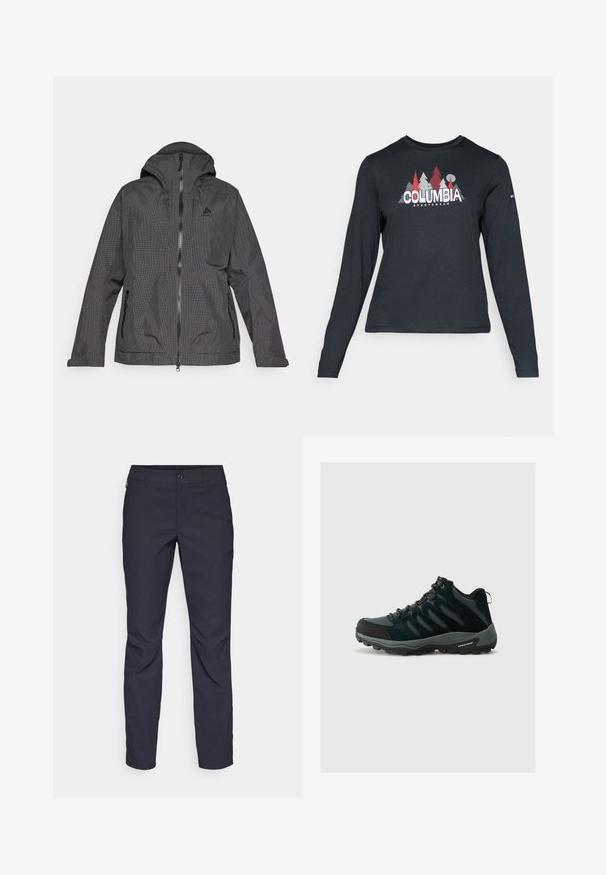 Chaqueta a cuadros en negro y gris con capucha, cremallera frontal y dos bolsillos laterales. El tejido parece suave y tiene un diseño ligero.; Camisa de manga larga gris oscuro con un gráfico de árboles rojos y montañas; logo "COLUMBIA" en texto blanco en negrita. Tela suave, cuello redondo estándar.; Pantalones azul marino de tela suave, que presentan un cierre delantero con botón, un diseño ajustado y detalles con pliegues en las rodillas.; Columbia REDMOND - Zapatillas de senderismo - black/citron haze