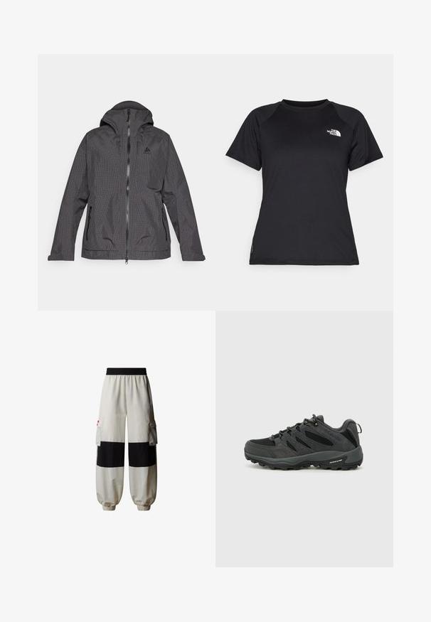 Giacca a quadri nera e grigia con cappuccio, chiusura frontale con zip e due tasche laterali. Il tessuto sembra liscio con un design leggero.; T-shirt atletico nero a maniche corte con collo rotondo e il logo The North Face sul lato sinistro del petto.; The North Face HIMALAYAN - Pantaloni cargo - white dune tnf black; Columbia REDMOND - Scarpa da hiking - black/citron haze
