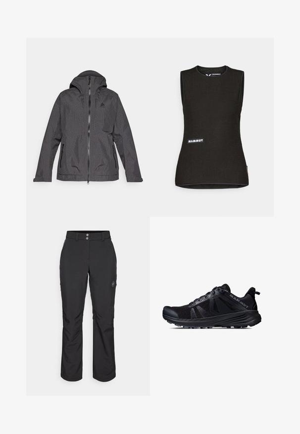 Černá a šedá kostkovaná bunda s kapucí, předním zipem a dvěma bočními kapsami. Materiál vypadá hladce a má lehký design.; Černé bezrukávové tričko s texturovaným vzorem, s kulatým výstřihem a logem "MAMMUT" na přední straně. Vyrobeno z prodyšného materiálu.; Černé venkovní kalhoty se střihy rovného kroje, s knoflíkovým zapínáním, zipovými bočními kapsami a logem na levém stehně.; Černá běžecká obuv na trail s vrchní částí z prodyšné síťoviny a gumovou podešví. Obsahuje texturované překryvy, vyztuženou špičku a logo značky na patě.