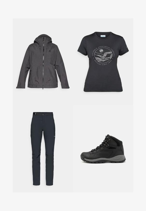 Sort og grå ternet jakke med hætte, frontlynlås og to sidelommer. Stoffet virker glat med et let design.; Sort Columbia t-shirt med hvid cirkulær bjerg- og flodlinjekunst samt teksten "Columbia Sportswear Company Udenfor Siden 1938."; Herrers udendørsbukser, mørkegrå, lavet af fleksibelt materiale, med bælte, lynlåslommer og forstærkede syninger.; Sort vandrestøvle med en mellem-højde design, der har en tekstureret overdel, grå detaljer og en holdbar gummisål med skridsikre klodser.