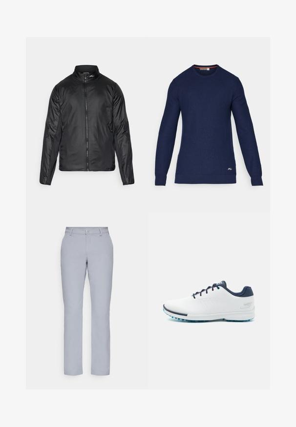 Juodas lengvas zip-up tipo švarkas su aukštu aptemptu kaklu ir tekstūruota medžiaga; turi šonines panele, padedančias užtikrinti didesnę lankstumą.; Tamsiai mėlynas megztinis su apykakle, pagamintas iš mezginio, turintis ilgomis rankovėmis ir mažą logotipo akcentą dešiniajame apatinėje dalyje.; Šviesiai pilkos kelnes su tiesiu kirpimu, mygtuko uždarymu, priekinėmis kišenėmis ir lygia, tekstūruota medžiaga. Minimalistinis dizainas, be raštų.; Balti sportiniai bateliai su lygiu sintetinės medžiagos paviršiumi, mėlynais akcentais, tekstūruotu tamsiai mėlynu kulnu ir lengvu, adatiniu padu geresniam sukibimui.