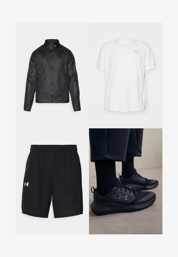 Black lightweight zip-up jacket with a high collar and textured fabric; features side panels for added flexibility.; White short-sleeve athletic shirt made of smooth fabric. Features a crew neck and gray logo on the left chest, with side slits at the hem.; Black athletic shorts made of lightweight fabric, featuring an elastic waistband and a white logo on the left side.; Person wearing black athletic sneakers with textured sides and logo, paired with black socks and cropped pants on a light floor.