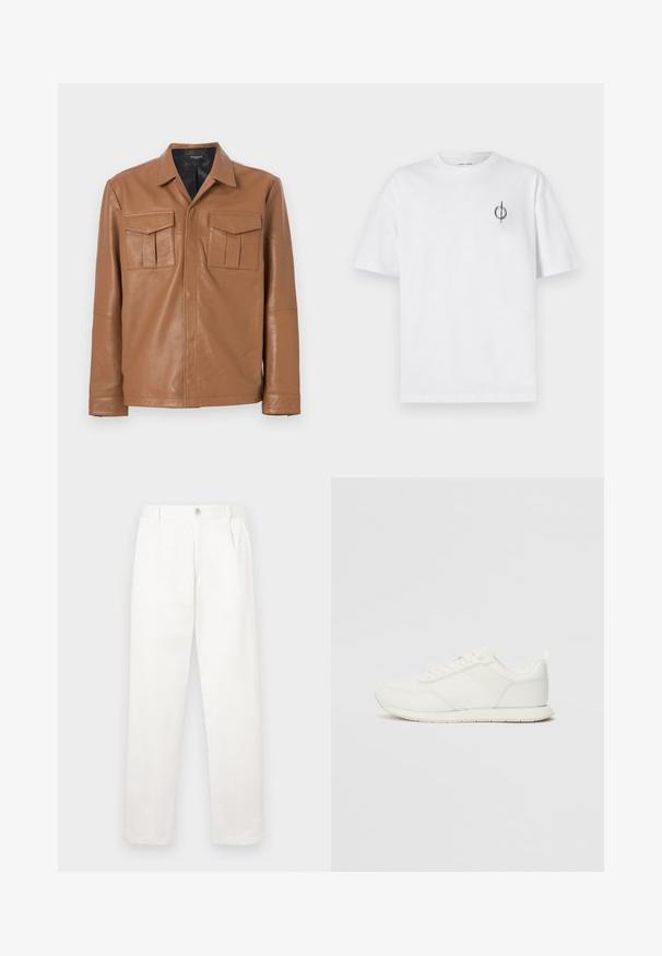 Brown leather jacket with a collared neckline, two chest pockets, and a smooth texture. Simplistic design with a straight cut and long sleeves.; White cotton t-shirt with a relaxed fit, featuring a small black graphic logo on the left chest area. Short sleeves, crew neck style.; White trousers made from smooth fabric, featuring a straight leg design, front pleats, and a single button closure at the waist.; White sneaker with a mesh and synthetic upper, round toe, flat laces, and a textured side stripe. Rubber sole with a pull tab at the back.