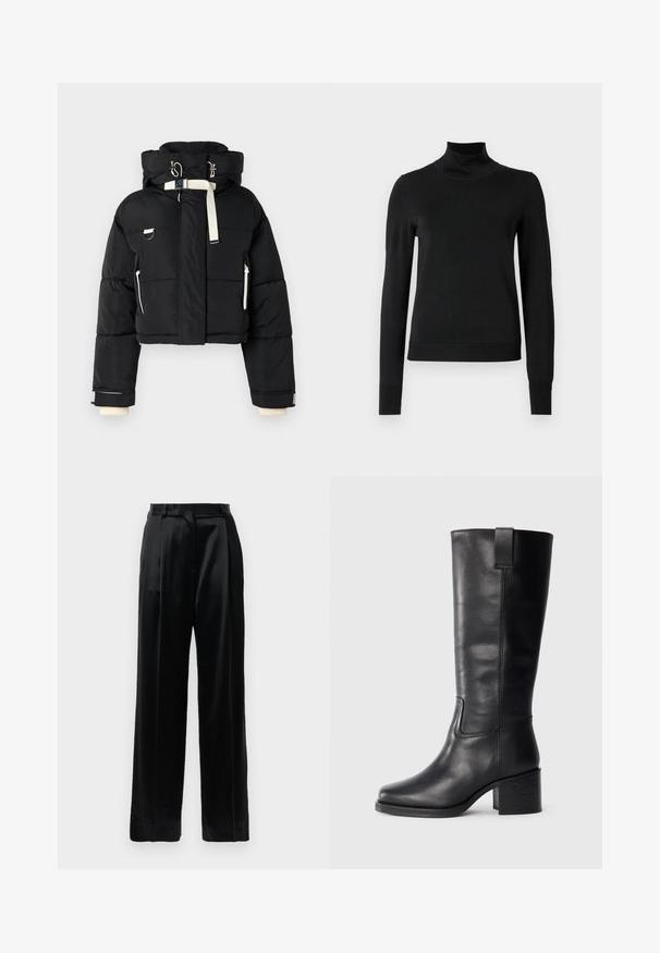 Crna skraćena puffer jakna s kapuljačom, s kremastim akcentima, prednjim patentnim zatvaračem, bočnim džepovima i elastičnim manžetama.; Crna dugosruga majica s rolijom i rebrastim manžetama i donjim rubom, prikazana na jednostavnoj bijeloj pozadini.; Crne satenske hlače visokog struka s ravnim širokim nogavicama, petljama za remen i ravnim prednjim zatvorenjem na jednostavnoj bijeloj pozadini.; Crne kožne čizme do koljena s glatkom teksturom, kvadratnim vrhom, blok petom i bočnim ručkom, s minimalnim detaljima šivanja.