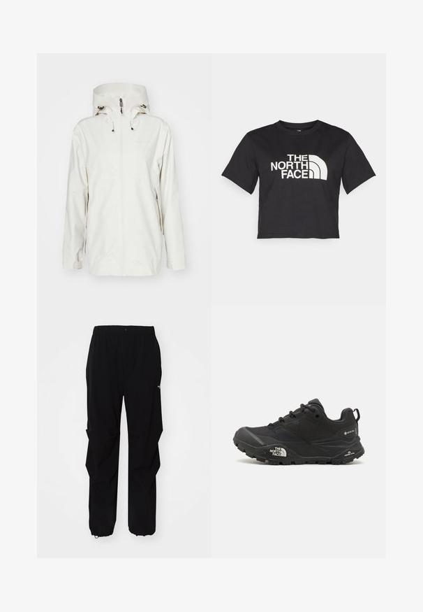 Veste imperméable blanche avec un col haut, cordons de serrage ajustables et fermeture éclair à l'avant. Comprend des poches latérales et une texture lisse.; T-shirt noir court en coton, avec un logo blanc avec des accents courbés et le texte "THE NORTH FACE" sur le devant. Manches courtes, col rond.; Pantalons d'extérieur noirs en matériau durable, avec une coupe décontractée, une taille élastique et des poignets resserrés pour une longueur ajustable.; Chaussure de randonnée noire avec une tige texturée, fermeture à lacets, et une semelle en caoutchouc épaisse présentant un logo prominent sur le côté et des motifs de semelle.