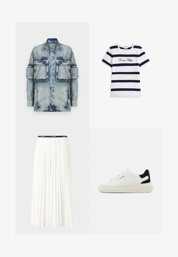Svetlo modra jakna iz jeansa z zaponko na gumbe, dvema prsnikoma žepoma in enim stranskim žepom. Ima posvetljeno teksturo in kontrastne šive.; Bombažna majica s horizontalnimi mornarsko modrimi črtami na belem ozadju. "Tommy Hilfiger" izvezeno v kurzivni pisavi na prsih. Okrugli izrez.; Gubasta bela krila z črnim elastičnim pasom, ki nosi logotip "LACOSTE". Srednje dolga zasnova z mehkobo tkanine.; Bele usnjene športne copate z debelim belim podplatom, črnimi semišnimi detajli na peti in utisnjenim logotipom na strani. Zavezovanje s šestimi luknjicami.
