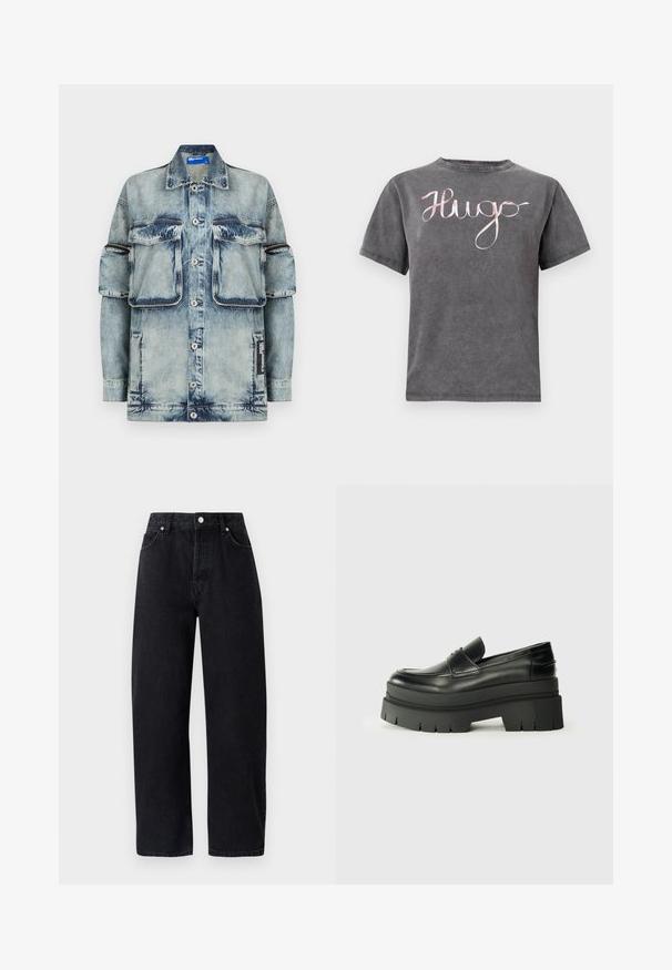 Hele sinine teksajakk, millel on nööpidega kinnitamine, kaks rinnataskut ja üks küljetasku. Omaduseks on tuhmunud tekstuur ja kontrastsed õmblusdetailid.; Hallhallane puuvillane T-särk ümmarguse kaeluse ja lühikeste varrukatega, millel on roosa kätkema "Hugo" logo rinna kohal. Pehme tekstuur ja korralik disain.; Kõrge vöökohaga, sirged mustad denim püksid, viie taskuga, metallist nööpidega ja toon-toonis õmblustega. Sile tekstuur, minimalistik disain.; Mustad mustrennistest nahast mokad, millel on paks platvormi tald. Ümar varvas, eesmine õmblusdetail ja peened õmblemisaktsendid. Lame, tekstureeritud välistald.