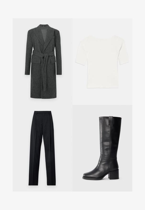 Pilkas vilnonis paltas su diržu, turintis įpjautą apykaklę ir dvi priekines kišenes. Tekstūra atrodo minkšta ir lengvai pūkuota.; Balta raukšlėta trumpomis rankovėmis palaidinė su plačiu kaklu. Tekstūra turi vertikalias juosteles, pabrėžiančias tvirtą prigludimą ir paprastą dizainą.; Juodos kelnės iš lygaus audinio, pasižyminčios aukštu liemeniu, plačiomis kojomis, priekinėmis klostėmis ir klasikiais diržo kilpomis. Šoninių kišenių nematyti.; Juodos odinės iki kelių siekiančios botai su lygiu paviršiumi, kvadratiniu pirštu, storu kulnu ir šoniniu kilputė, su minimaliais siuvimo akcentais.