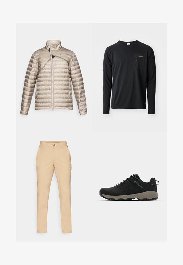 Jachetă ușoară cu umplutură, bej, cu guler înalt, fermoar pe față și accente negre diagonale. Material texturat cu model de cusături orizontale.; Columbia COLUMBIA TECH™ LONG SLEEVE CREW - Bluză cu mânecă lungă - black; Pantaloni cargo bej, cu închidere prin buton, croială slim, buzunare laterale și un material fin din bumbac. Fără modele sau accente vizibile.; Pantof de drumeție negru cu un superior neted, design perforat, talpă gri și toc întărit. Are șirete și o buclă pentru a fi îmbrăcat ușor.