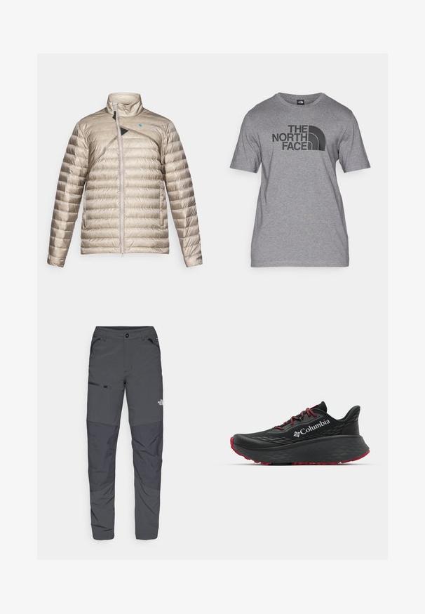 Giacca imbottita leggera beige con colletto alto, zip frontale e accentuazione diagonale nera. Tessuto testurizzato con motivo a righe orizzontali.; T-shirt grigio a maniche corte in misto cotone, con una stampa grafica nera di "THE NORTH FACE" e un dettaglio del logo curvo sulla parte anteriore.; Pantaloni outdoor grigi con una texture liscia, dotati di una tasca con zip sul lato, sezioni di ginocchia rinforzate e un dettaglio logo sottile.; Scarpa sportiva nera con tomaia testurizzata, lacci rossi e logo. Suola spessa con battistrada a righe per una buona aderenza. Design minimalista, vista laterale.