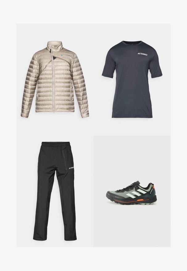 Lätt vadderad jacka i beige med hög krage, dragkedja framtill och diagonalt svart accent. Strukturerat tyg med horisontellt quiltat mönster.; Mörkgrå t-shirt med kort ärm, tillverkad av lätt och andningsbart material. Har rund hals och en vit "TERREX"-logotyp på framsidan.; Svarta lätta friluftsbyxor med elastisk midja, dragkedjefickor och tryckt logotyp. Slät textur och raka ben.; Lättviktig terränglöparskor med grå och svart mesh-ovandel, orangea accenter och en robust sula för bra grepp. Vattentät Gore-Tex-fodring.