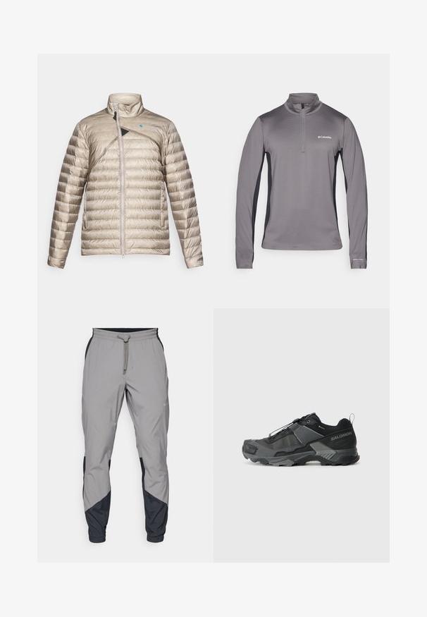 Leichte, gepolsterte Jacke in Beige mit hohem Kragen, Frontreißverschluss und schrägem schwarzen Akzent. Strukturierte Stoffoberfläche mit horizontalem Steppmuster.; Grauer Pullover mit langen Ärmeln und halber Reißverschluss, strukturierter Stoff, kontrastierende schwarze Seitenteile und kleines Logo auf der Brust.; Leichte, graue Sporthosen mit schwarzen Akzenten. Elastischer Bund, Kordelzugverschluss, taillierte Beinform und Seitentaschen.; Schwarzer Trailrunning-Schuh mit einem robusten Mesh-Obermaterial, verstärkter Zehenkappe, strukturierten Gummisohle und elastischem Schnürsystem für einen sicheren Sitz.