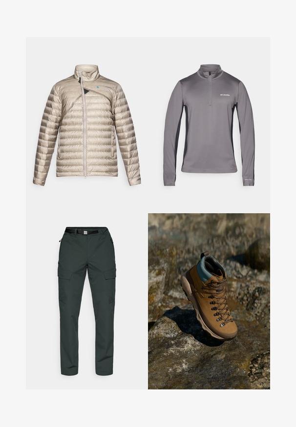 Lightweight padded jacket in beige with a high collar, front zipper, and diagonal black accent. Textured fabric with horizontal quilted pattern.; Gray long-sleeve pullover with half zip, textured fabric, contrasting black side panels, and small logo on the chest.; Cargo pants in dark green, made from durable fabric. Features include a belt, zippered pockets, and a tapered fit with slight stretch.; Brown hiking boot with a synthetic upper, light blue collar, metal eyelets, and textured rubber sole. Designed for outdoor activities.