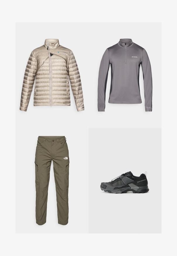 Veste légère matelassée beige avec un col montant, fermeture éclair sur le devant et une accentuation diagonale noire. Tissu texturé avec un motif matelassé horizontal.; Pull en gris à manches longues avec demi-zip, tissu texturé, panneaux latéraux noirs contrastants et petit logo sur la poitrine.; Pantalons d'extérieur vert olive en tissu léger, avec des poches cargo, des accents zippés et un logo sur la cuisse.; Chaussure de trail running noire avec une tige en mesh durable, une coque de protection renforcée à l'avant, une semelle en caoutchouc texturé et un système de laçage élastique pour un maintien sécurisé.