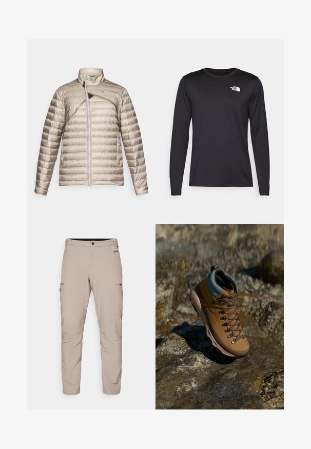 Giacca imbottita leggera beige con colletto alto, zip frontale e accentuazione diagonale nera. Tessuto testurizzato con motivo a righe orizzontali.; T-shirt da performance a maniche lunghe nera realizzata in tessuto leggero, con un logo bianco sulla parte superiore sinistra del petto. Texture liscia.; Pantaloni da esterno beige realizzati in tessuto leggero, dotati di due tasche laterali e una tasca cargo con zip, con una vestibilità su misura e una texture morbida.; Scarponcino da trekking marrone con tomaia sintetica, colletto azzurro chiaro, occhielli metallici e suola in gomma texturizzata. Progettato per attività all'aperto.
