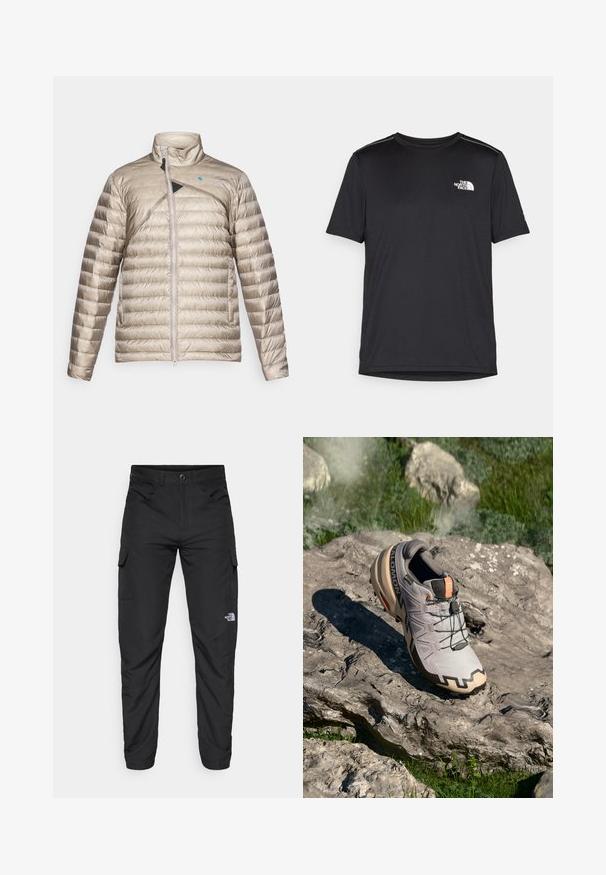 Kerge polsterdatud jope beežis, kõrge krae, esine tõmblukk ja diagonaalne must aktsent. Tekstureeritud kangas horisontaalsete õmblustega.; Must mustaöödiga must T-särk, mis on valmistatud kerge riidekanga. Esiküljel on vasakul rinnal väike valge logo ning õlgadel on peened aktsendid.; The North Face HORIZON PANT - Õuepüksid - black; Helehallid hallid jooksujalatsid beežide aktsentidega, tekstureeritud pealis, mustad paelad ja väljendunud tugi talla all. Omab brändi logo.