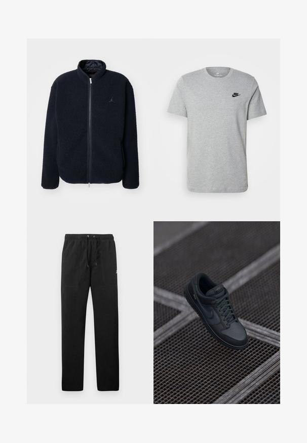 Námornícky fleecová bunda s vysokým golierom, zipsovým uzáverom a detailom loga. Mäkká textúra a dlhé rukávy, vhodná na bežné nosenie.; Sivý krátky rukáv T-shirt vyrobený z bavlny, s čiernym logom Nike na hrudi a okrúhlym výstrihom. Minimalistický dizajn bez vzorov.; Čierne teplákové nohavice vyrobené z flísu, s elastickým pásom a šnúrkami na zaväzovanie, dvoma prednými vreckami a malým logom na stehne.; Čierne kožené tenisky Nike s zaoblenou špičkou, perforovaným predným dielom a textúrovanou gumovou podrážkou. Obsahujú šnúrky a jemné značenie.