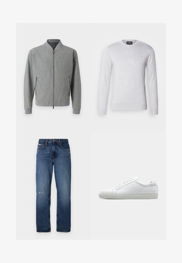 Gray bomber jacket made of textured fabric, featuring a zip closure, ribbed cuffs, and side pockets with zippers. Smooth interior lining.; Light gray knitted sweater with long sleeves, round neckline, and a small logo embroidered on the chest. Soft texture, casual design.; Long-sleeved white cotton shirt with a round neckline, side slits at the bottom, and a smooth texture, displayed from the back.; Blue denim jeans with a straight leg design. Features faded areas and light distressing on the front, with a classic button closure.; White sneaker with a smooth leather upper and a low profile. Features a rounded toe, six eyelets, and a textured rubber sole.