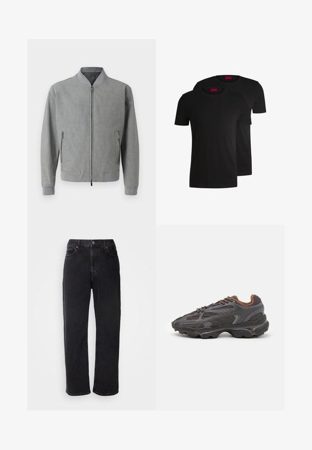 Sivý bomber kabát vyrobený z textúrovanej látky, s uzatváraním na zips, rebrovanými manžetami a bočnými vreckami so zipsom. Hladká podšívka.; Dvé čierne bavlnené tričká s krátkymi rukávmi a okrúhlym výstrihom. Obe majú červenú značkovú nálepku na výstrihu. Jednoduchý, klasický dizajn.; Čierne džínsy z denimovej látky so rovný strihom, piatimi vreckami a kontrastným šitím. Obsahujú zapínanie na gombík a pútka na opasok na páse.; Lacoste tenisky v tmavo sivej farbe z nylonu a syntetického materiálu, s textúrovanou podrážkou a hnedými akcentami na golieri a brandingu.