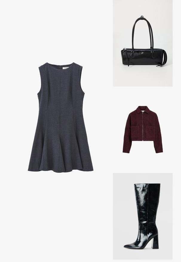 Burgunderfarbene, kurze Jacke aus plushigem, strukturiertem Material mit einem Kragen, Frontreißverschluss und zwei großen aufgesetzten Taschen.; Ärmelloses, dunkelgraues Kleid mit einem taillierten Oberteil und weitem A-Linien-Rock, aus strukturiertem Stoff gefertigt; verfügt über einen Reißverschluss im Rücken.; Schwarze kniehohe Stiefel aus glänzendem Leder, mit spitzem Zehen und einem klobigen, geometrischen Absatz mit glatter Textur.; Schwarze Ledertasche mit rechteckiger Form, glatter Textur, zwei Griffen, Reißverschluss und einem kleinen Logo auf der Vorderseite.