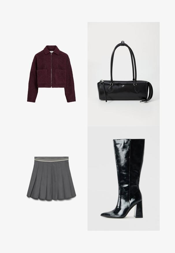 Bordeaux cropped jas van luxe, textuurmateriaal met een met kraag, een voorrits en twee grote opgestikte zakken.; Geruite flanellen overhemd in zwart, wit en grijs. Beschikt over een knoopsluiting aan de voorkant, twee borstzakken en lange mouwen met knoopmanchetten.; Donkergrijze plissé rok met een gestreepte elastische tailleband in lichte en donkere tinten, plat gelegd op een witte achtergrond.; Zwarte kniehoge laarzen van glanzend leer, met een puntige neus en een chunky geometrische hak met een zachte textuur.; Zwarte leren handtas met een rechthoekige vorm, gladde textuur, twee handgrepen, ritssluiting en een klein logo aan de voorkant.