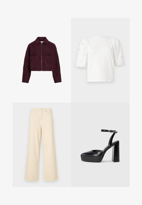 Burgundy cropped jacket in plush, textured material with a collared neckline, front zipper, and two large patch pockets.; White cotton t-shirt with short puff sleeves, featuring small silver embellishments along the sleeves. Classic round neckline, relaxed fit.; Beige wide-leg jeans made of cotton. Features a button closure, belt loops, and front pockets with a smooth, soft texture.; Black platform heels with a pointed toe and adjustable ankle strap. Constructed from smooth leather, featuring a chunky block heel.