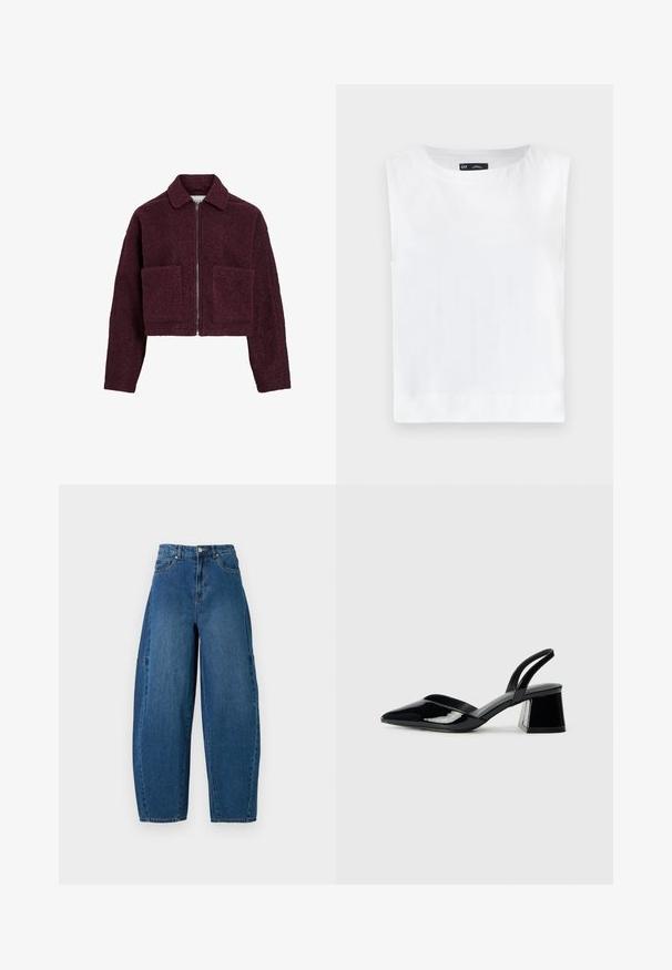 Bordo trumpa striukė iš purios, tekstūruotos medžiagos su apykakle, priekiniais zipais ir dviem didelėmis kišenėmis.; Balta be rankovių palaidinė su apvaliu iškirpimu, pagaminta iš minkštos medžiagos. Tiesiai baigta hemų linija, be matomų raštų ar puošybos elementų.; Deniminės džinsai vidutinio mėlynumo atspalviu, su aukštu liemeniu, plačiais kojų kirpimais ir standartiniu penkių kišenių dizainu, pasižyminčiu matomais siuvimo detalėmis.; Juodos lakuotos odinės šlepetės su smailiu pirštu ir geometriniu bloko kulnu. Turi elegantišką, minimalistinį dizainą ir lygų paviršių.