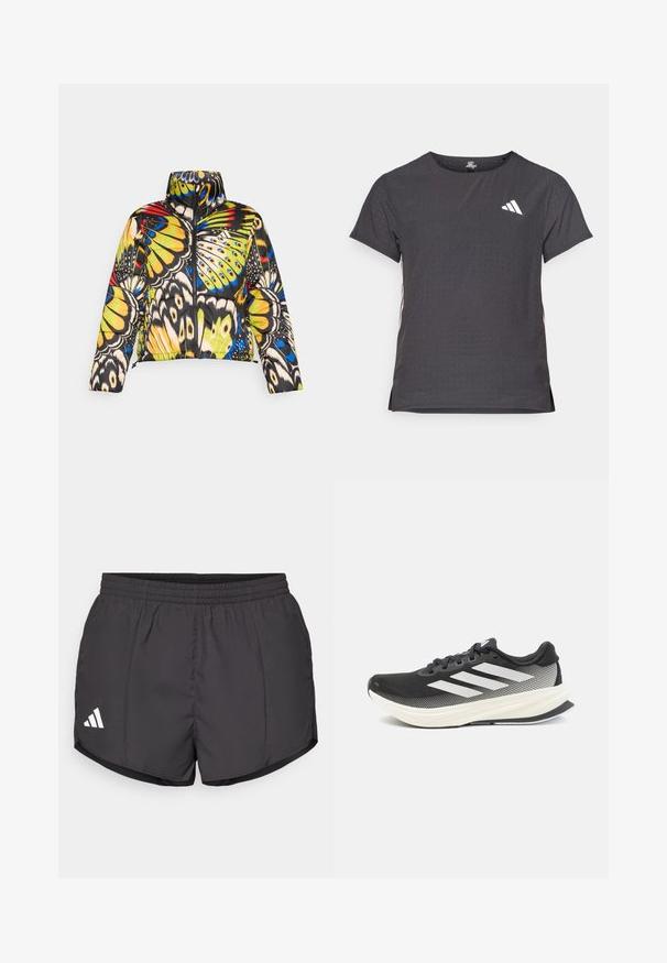 Padded jacket with a high collar, featuring a colorful butterfly pattern in yellow, blue, and black. Zipper closure and cropped design.; Short-sleeve athletic t-shirt, dark gray with perforated texture. Features a white logo and contrasting side stripes. Rounded neckline.; Black athletic shorts made of lightweight fabric, featuring an elastic waistband and a white Adidas logo on the lower left side.; Black athletic shoe with mesh upper, white accents, and a thick white midsole. Features laces and a low-profile design.