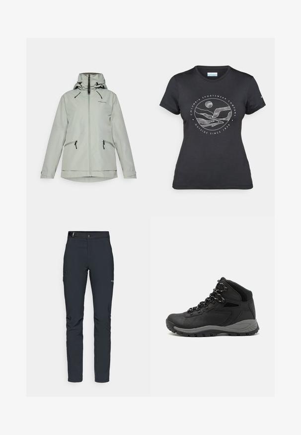 Giacca impermeabile grigia chiara con zip frontale, cappuccio regolabile e due tasche laterali. Presenta coulisse e dettaglio del logo.; Maglietta nera Columbia con arte lineare bianca di una montagna circolare e un fiume, e il testo "Columbia Sportswear Company Outside Since 1938."; Pantaloni da uomo per attività all'aperto, grigio scuro, realizzati in materiale elastico, dotati di cintura, tasche con zip e cuciture rinforzate.; Stivale da trekking nero con design a metà altezza, dotato di una tomaia texturizzata, accenti grigi e suola in gomma resistente con tasselli per la trazione.