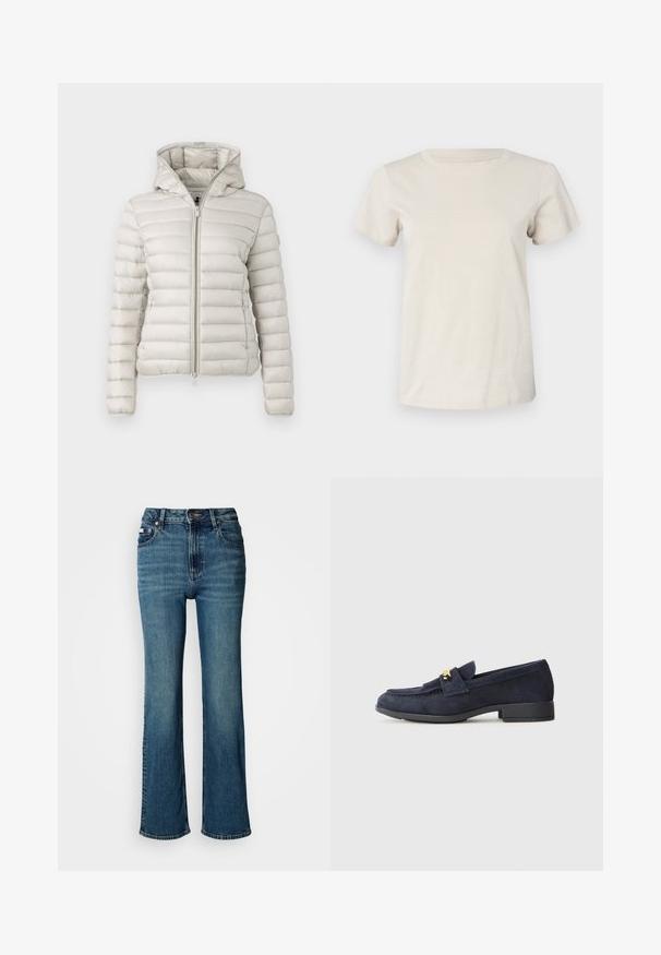 Svetlo siva puhovka z zadrgo spredaj, kapuco in quiltano teksturo. Ima tesno prileganje in elastične manšete.; Svetlo bež majica s kratkimi rokavi iz bombaža, z okroglim izrezom in diskretnim napisom spredaj. Gladka tekstura in sproščen kroj.; Visoko pasne modre jeans hlače iz denima, s straight leg dizajnom, rahlim bledenjem in standardnim gumbom ter zadrgo.; Mornarske semiš loafer čevlje z nizko črno peto, ki vključujejo okrasno zlato strojno opremo spredaj in obliko zaokroženega nosu.