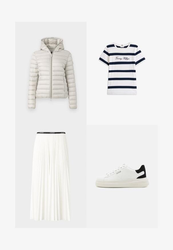 Vaalea harmaa puffatakki, jossa on vetoketjullinen etuosa, huppu ja päällikankaan tikkikuvio. Takissa on tiukka istuvuus ja joustavat hihansuut.; Puuvillainen t-paita, jossa on vaakasuoria tummansinisiä raitoja valkoisella taustalla. "Tommy Hilfiger" brodeerattu kursiivilla rintamuksessa. Pyöreä kaula-aukko.; Hame valkoinen pliseerattu hame mustalla joustavalla vyötäröhihnalla, jossa on "LACOSTE"-logo. Puolipitkä malli pehmeällä tekstuurilla.; Valkoiset nahkakengät paksulla valkoisella pohjalla, mustalla mokkanahkaosuudella kannassa ja kohokuvioitu logo sivulla. Nauhakeskitys kuudella reiällä.