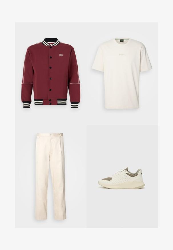 Jachetă varsity maron, confecționată dintr-un material moale, cu guler și manșete ribbate, nasturi negri și dungi albe contrastante pe mâneci.; BOSS TEE - Tricou basic - open white; Pantaloni din bumbac bej, cu croială dreaptă, dotati cu închidere cu nasture și pliuri în față pentru un plus de detaliu.; Tenis sportivi alb și bej deschis, cu un înveliș din plasă, detalii perforate și o talpă intermediară texturată, având marcaj pe călcâi.