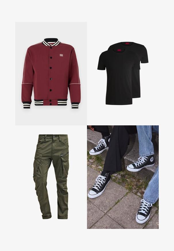 Maroon varsity jacket made of soft fabric, featuring a ribbed collar and cuffs, black buttons, and contrasting white stripes on the sleeves.; Two black cotton t-shirts with short sleeves and crew necks. Both feature a red brand label at the neckline. Simple, classic design.; Olive green cargo pants made from sturdy cotton. Features multiple pockets, a zippered side pocket, and tapered legs with a slightly textured finish.; Black high-top canvas sneakers with white rubber soles and laces, featuring a circular logo on the side and paired with denim and black pants.