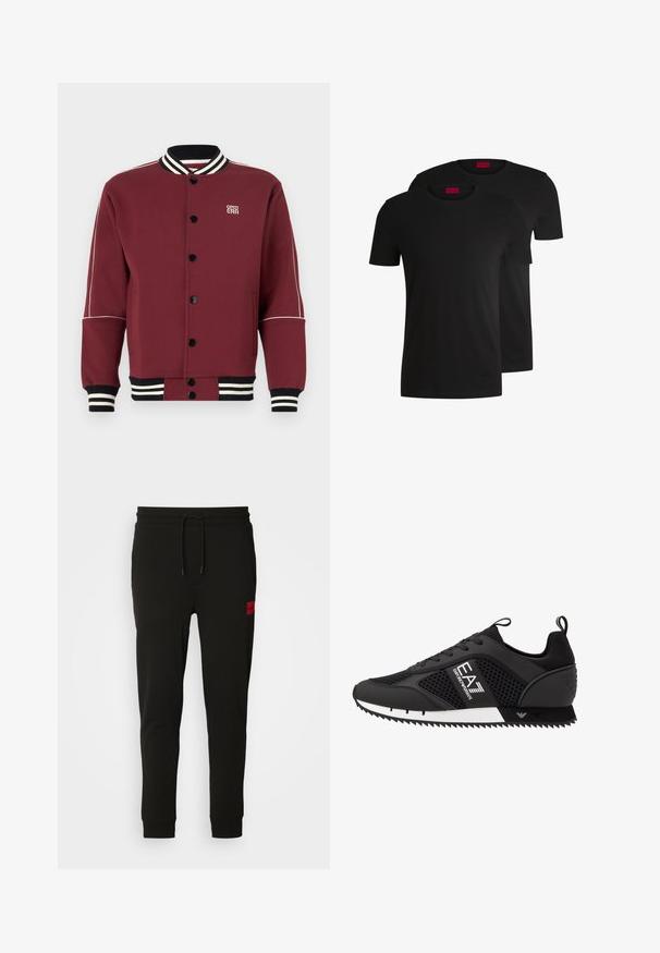Bordeauxkleurige varsityjack gemaakt van zachte stof, met een geribde kraag en manchetten, zwarte knopen en contrasterende witte strepen op de mouwen.; Twee zwarte katoenen t-shirts met korte mouwen en ronde hals. Beide hebben een rood merketiket bij de hals. Eenvoudig, klassiek ontwerp.; Zwarte sweatpants van zacht stof, met een koord in de taille, een slim fit en een rood logopatch op de linker dij.; EA7 Emporio Armani LACES UNISEX - Sneakers laag - black/white
