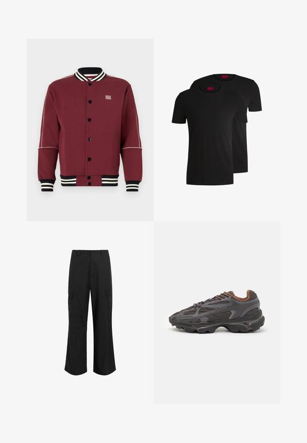 Burgundi színű egyetemi dzseki puha anyagból, bordázott gallérral és mandzsettákkal, fekete gombokkal, és kontrasztos fehér csíkokkal az ujjakon.; Két fekete pamut póló rövid ujjakkal és kerek nyakkivágással. Mindkettőn piros márkacímke található a nyakrészen. Egyszerű, klasszikus dizájn.; Fekete cargo nadrág, könnyű anyagból készült, laza szabással, két nagy oldalsó zsebbel és gombos záródással.; Sötét szürke Lacoste sportcipők hálós és szintetikus anyagból, textúrázott talppal és barna díszítésekkel a nyak részen és a logón.