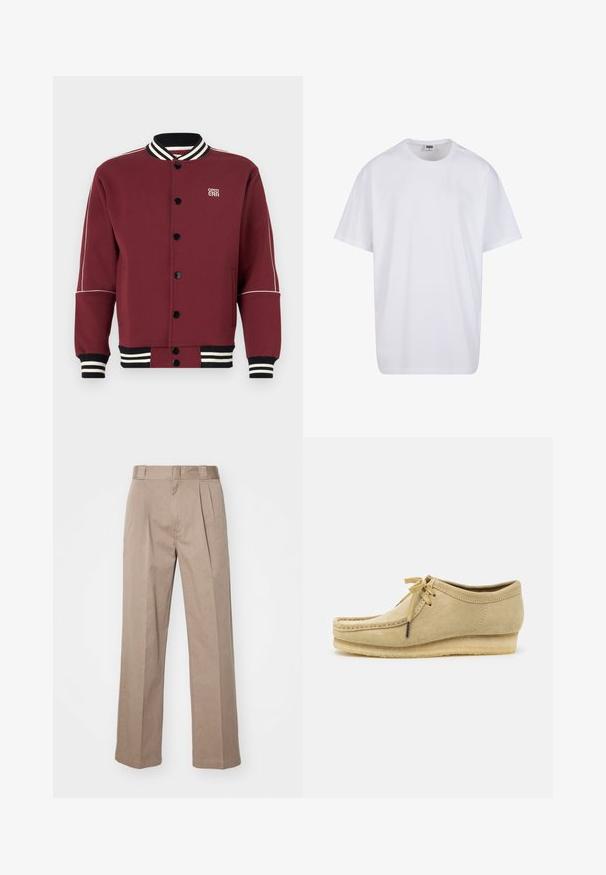 Bordo värvi ülikooli jakk, mis on valmistatud pehmest kangast, ribakraega ja mansetiga, mustade nööpidega ning kontrastsete valgete triipudega varrukatel.; Valge puuvillane t-särk lühikeste varrukatega, ümmarguse kaelusega, lõdva lõikega ja ilma nähtavate logodeta või mustriteta. Sile tekstuur ja minimaalne disain.; Bežid kõrge vöökohaga püksid, millel on laiad sääred. Omavad kaht esist kurru ja siledat tekstuuri. Standardne pikkus ja puhas viimistlus.; Bež nubukist kingad, millel on paelad, õmblustega detailid ja kummist tald. Kujundus on lihtne, kergelt kallakuga kannaga.