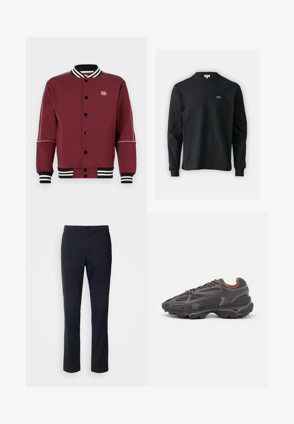 Bordeaux červená varsity bunda vyrobená z měkkého materiálu, s žebrovaným límcem a manžetami, černými knoflíky a kontrastními bílými pruhy na rukávech.; Černé dlouhé rukávy triko vyrobené z bavlny, s kulatým výstřihem a malým zeleným vyšitým logem krokodýla na levé hrudi.; Námořnické modré kalhoty vyrobené z hladkého materiálu, s rovnými nohavicemi, poutky na pásek a knoflíkovým zapínáním se zipem.; Sněrovací boty Lacoste v tmavě šedé barvě s síťovinou a syntetickým materiálem, prezentující texturovanou podrážku a hnědé detaily na límci a logu.