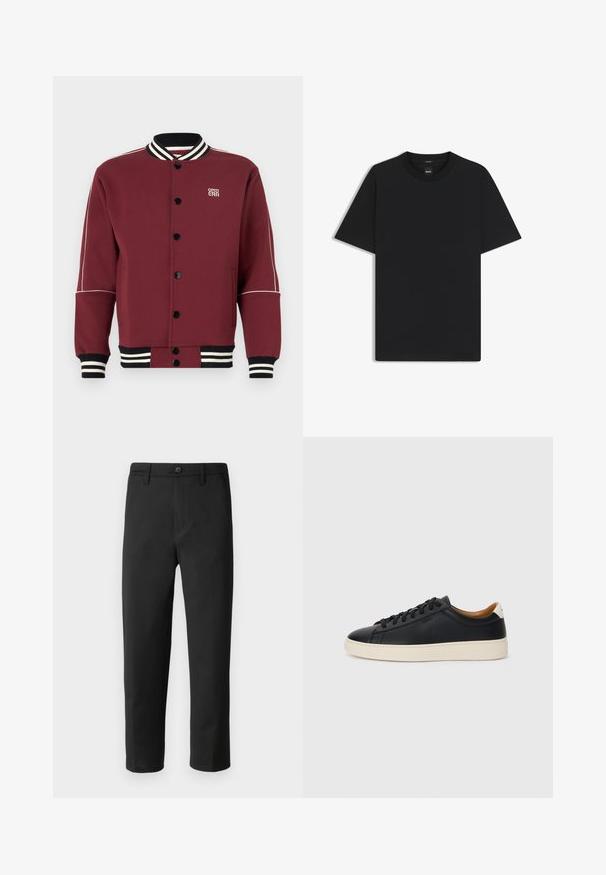 Bordeaux varsity jakke lavet af blødt stof, med ribbet krave og manchetter, sorte knapper og kontrasterende hvide striber på ærmerne.; Sort kortærmet T-shirt lavet af en glat bomuldsblanding, med en rund halsudskæring og et minimalistisk design uden mønstre eller accenter.; Sort bukser med lige snit, lavet af glat stof. Har knaplukning og bæltestropper. Ingen synlige mønstre eller accenter.; Sorte lædersneakers med en glat overflade, beige gummisål, snørebåndsdesign og en kontrastfarvet hæl.