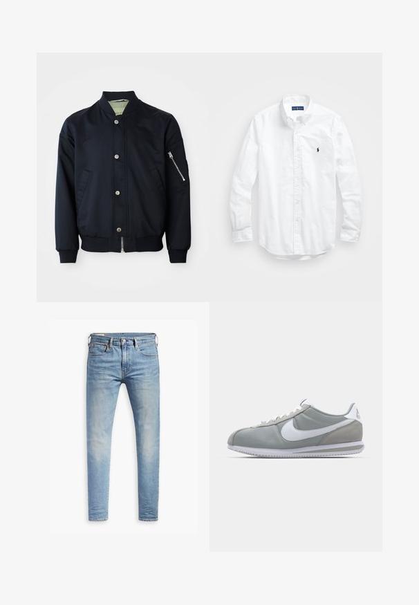 Námornícka bomber bunda s cvokovými gombíkmi, zipsom na rukáve, rebrovým golierom, manžetami a spodným lemem, predné vrecká na bielom pozadí.; Biele dlhé rukávy košele so zapínaním na gombíky z bavlny. Má klasický golier, gombíkové manžety a malú tmavomodrú vyšitú logo na hrudi.; Svetlo modré úzke džínsy s miernym prehrdzavením na stehnách, predným gombíkovým zapínaním, pútkami na opasok a štýlom s piatimi vreckami na bielom pozadí.; Sivé športové tenisky s vrchom z semišu a textilu, bielym logom Nike a bielymi šnúrkami. Majú štruktúrovanú gumenú podrážku a polstrovaný golier.