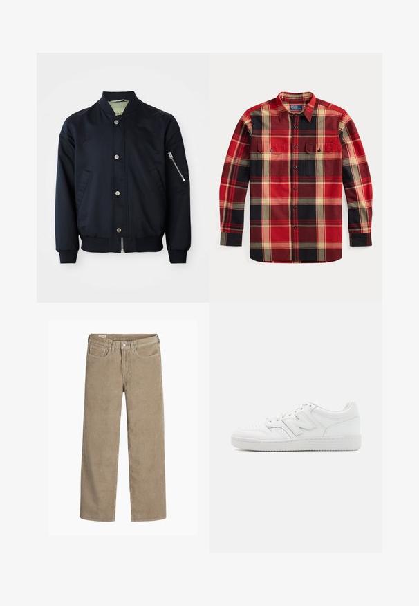 Marinblå bomberjacka med tryckknappar, blixtlås ficka på ärmen, ribbad krage, ärmslut och nederkant, framfickor på vit bakgrund.; Långärmad skjorta med knäppning och rutmönster i rött, svart och beige samt två bröstfickor, uppställd på en vit bakgrund.; Kardborrebukser i ljusbrun, vid passform, med en knapp- och dragkedjestängning, fem fickor och en mjuk, ribbad textur.; Vit sneaker gjord av slätt läder, med perforerat tåskaft, en texturerad gummisula, platta snören och en framträdande 'N'-logotyp på sidan.