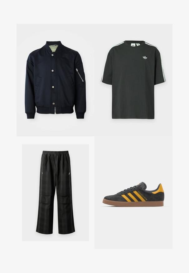 Ναυτικό bomber jacket με κουμπιά snap, τσέπη με φερμουάρ στον ώμο, ριγωτός γιακά, μανσέτες και στρίφωμα, μπροστινές τσέπες σε λευκό φόντο.; Μαύρο βαμβακερό μπλουζάκι με κοντά μανίκια, στρογγυλή λαιμόκοψη και λευκές τρεις ρίγες στο ύψος των ώμων. Φέρει μικρό λευκό λογότυπο στο στήθος.; Μαύρο καρό παντελόνι με ελαστική μέση, δύο μπροστινές τσέπες και χαλαρή εφαρμογή με ευθεία γραμμή. Φτιαγμένο από ελαφρύ υλικό.; Μαύρο σουέτ αθλητικό παπούτσι με κίτρινες λεπτομέρειες, διαθέτει τρεις ρίγες και καφέ λάστιχο σόλα. Περιλαμβάνει επενδυμένη γλώσσα για άνεση.