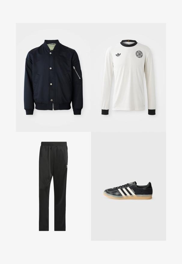 Jūras spēku bumbuļžakets ar spiedpogu aizdari, ar rāvējslēdzēju kabatu uz rokas, ribotām apkaklēm, aprocēm un apakšmalu, priekšējām kabatām uz baltā fona.; Balts garais piedurkņu futbols krekls ar ribotu struktūru, melna apkakle un piedurkņu apakšmalas, ar melnu Adidas logo un apaļu grafisku emblēmu.; Melnas sporta bikses, izgatavotas no gluda, viegla materiāla. Tām ir elastīga josta un baltas sānu svītras ar logotipu uz augšstilba.; Melnas sporta kedas ar baltām svītrām, teksturēta auduma, gluda ādas purngals un gumijas zole. Uz mēles ir logo.