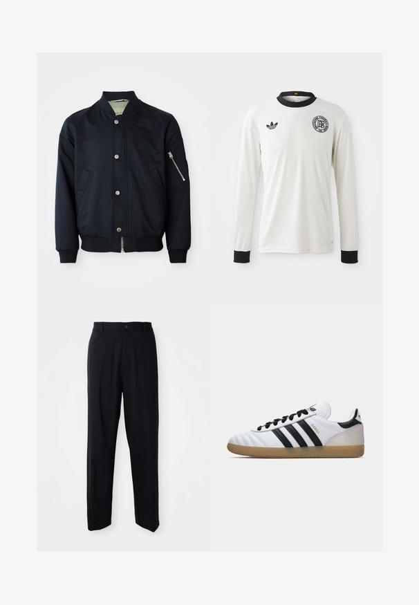 Marineblauer Bomberjacke mit Druckknöpfen, Reißverschlusstasche am Arm, geripptem Kragen, Bündchen und Saum, Taschen an der Vorderseite auf weißem Hintergrund.; Weißes langärmliges Fußballtrikot mit gerippter Struktur, schwarzem Kragen und Bündchen, ausgestattet mit schwarzem Adidas-Logo und rundem grafischem Emblem.; Schwarze gerade geschnittene Hosen mit Gürtelschlaufen, Knopfschluss und einem eleganten, minimalistischen Design auf einem neutralen Hintergrund.; Weiße Adidas Samba Sneaker mit schwarzen Streifen, schwarzen Schnürsenkeln, beigem Wildleder-Fersenbereich und Gummiaußensohle, gezeigt im Profil von der linken Seite.